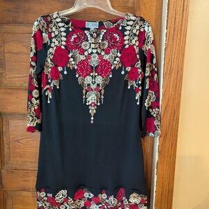 JM Collection Black and Blue Sheath Dress with Crew Neck